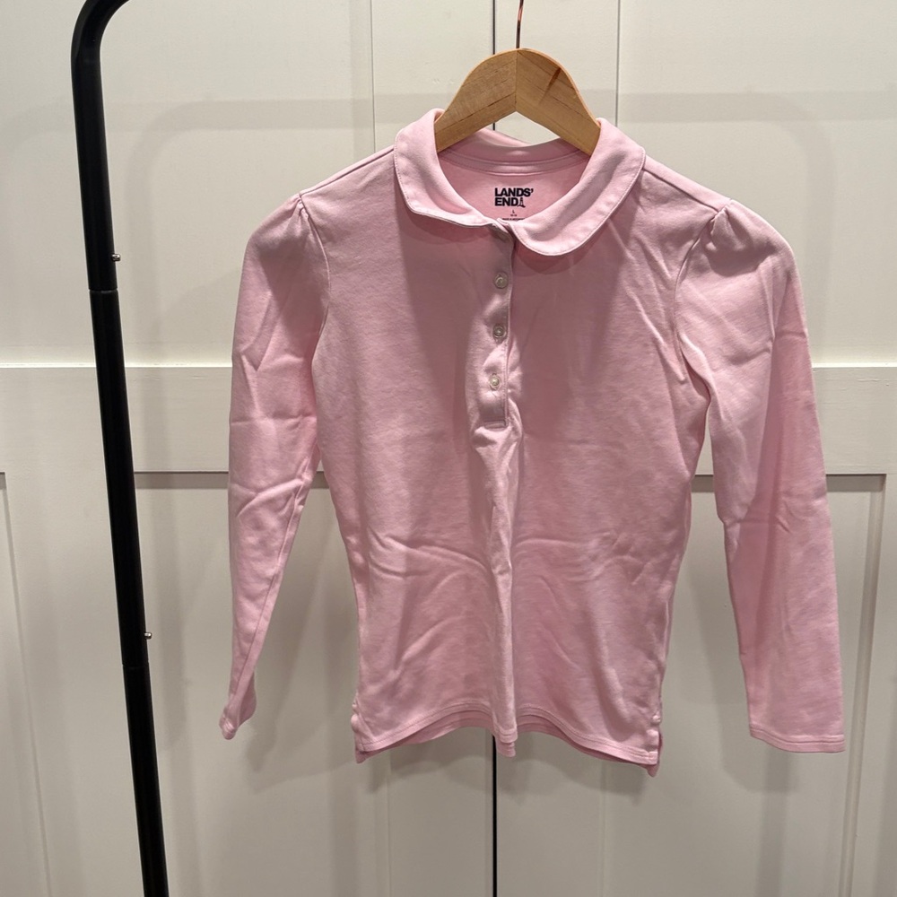 Lands' End Girls Light Pink Long-Sleeve Polo with Peter Pan Collar